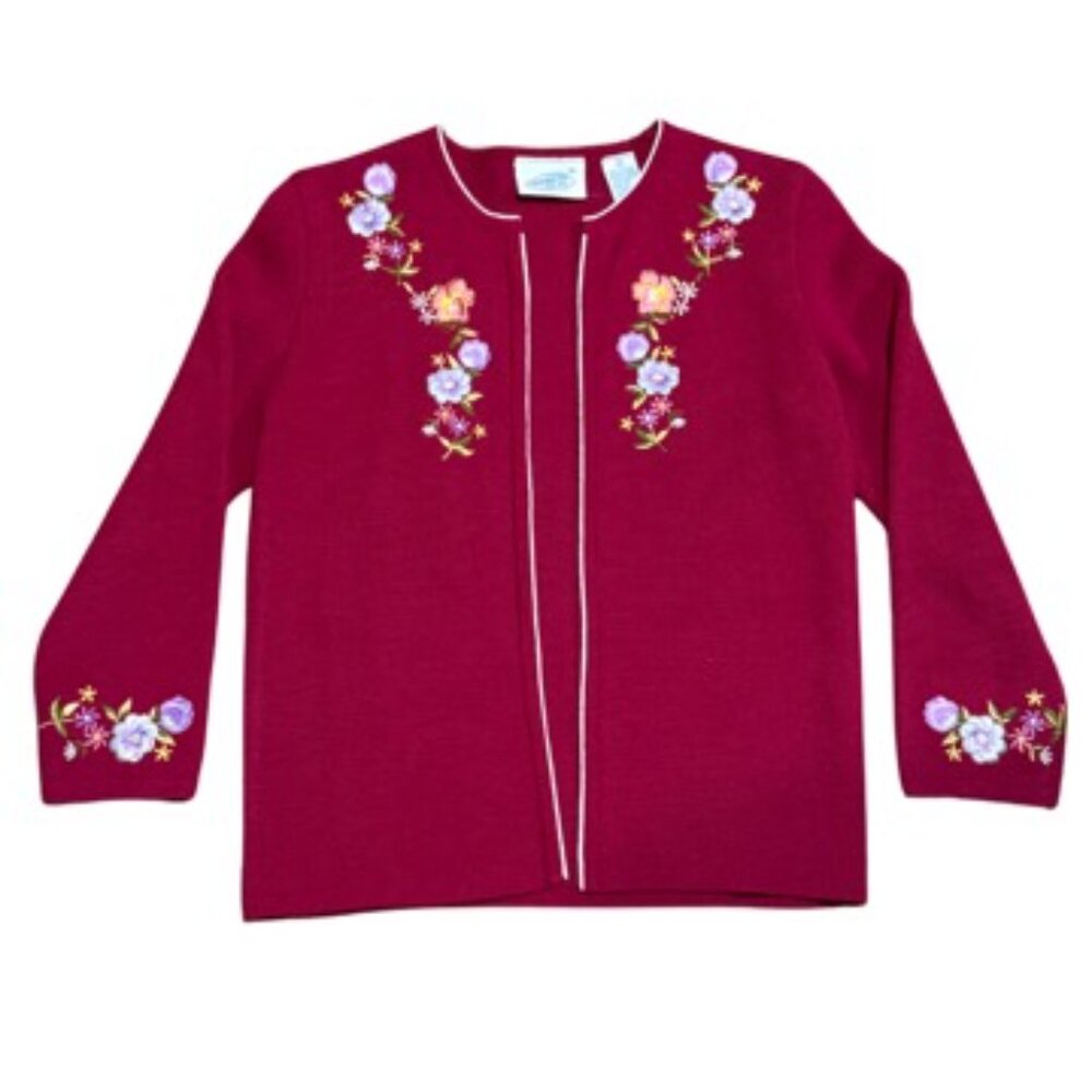 Northern Isles Vintage Red Embroidered Floral Open Cardigan Size Small